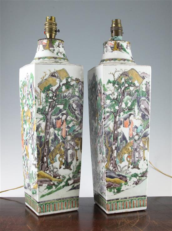 A pair of large Chinese famille verte square tapering vases, late 19th century, excl. fitted, later converted to lamps(-)